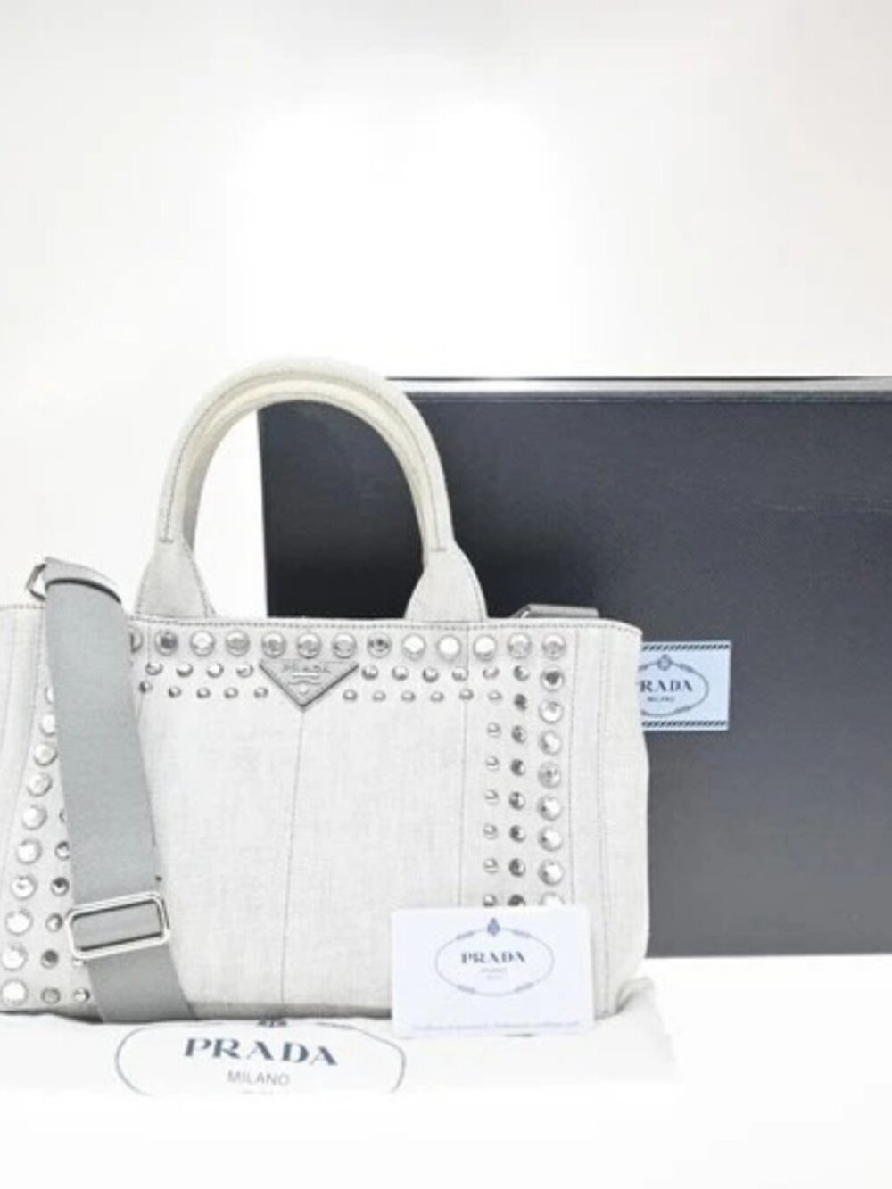 PRADA Studs Rhinestone Canapa 2Way Shoulder Hand Bag Canvas Gray SHW 79CB120